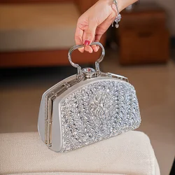 Elegant Beads Decor Mini Satchel Dinner Bag, Classic Glitter Luxury Party Handbag For Women, Festival Gift For Women