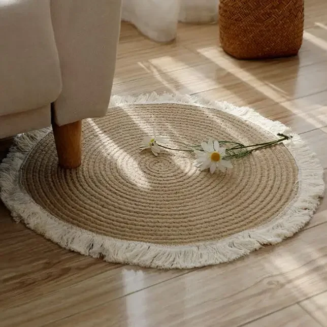 Japanese Style Round Carpets Natural Jute Mats Handmade Rattan Grass With Tassel Rugs Sofa Tea Table Mat Living Room Home Decor