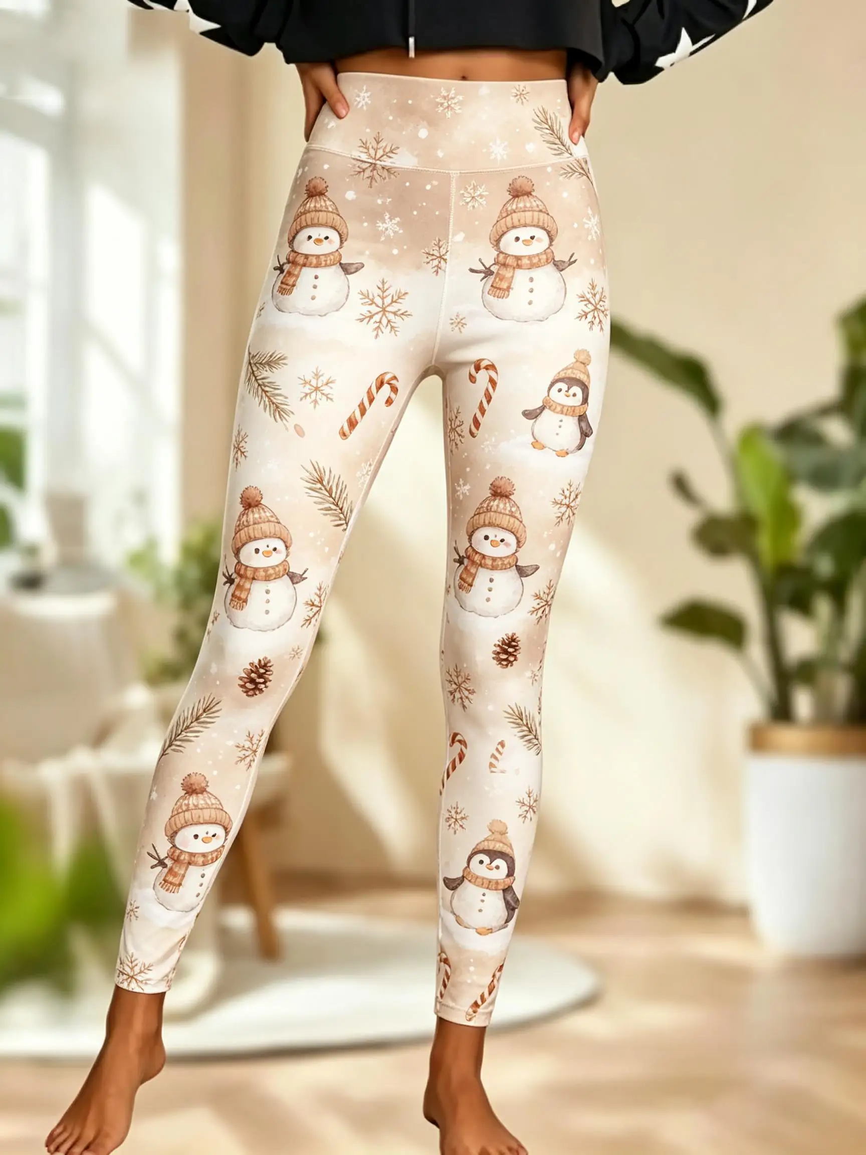 Women Mid Waist Fleece Lined Leggings Christmas Snowman Penguin Snowflake Gradient Print Slim Stretch Holiday Trousers