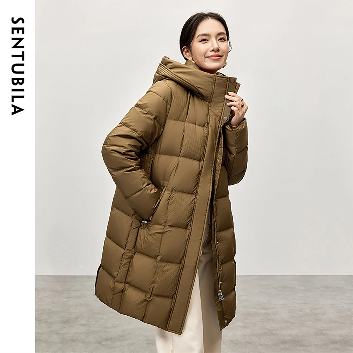 SENTUBILA Women Down Puffer Coats Winter Warm Hooded Windproof Outerwears 90% White Duck Down Long Coat Woman Clothes W44Y57032