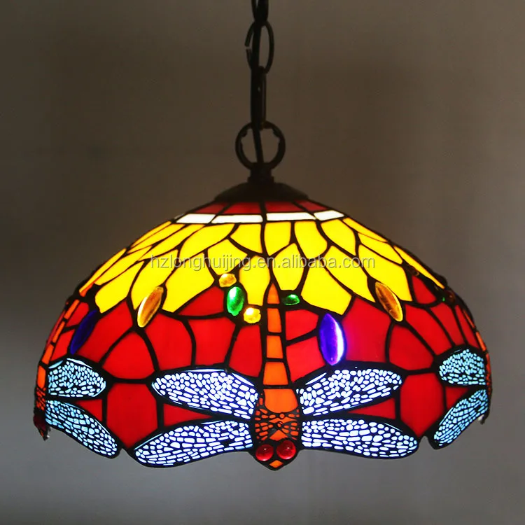 12 Inch European Pastoral Retro Tiffany Pendant Light with Red Dragonfly Pattern Glass Shade