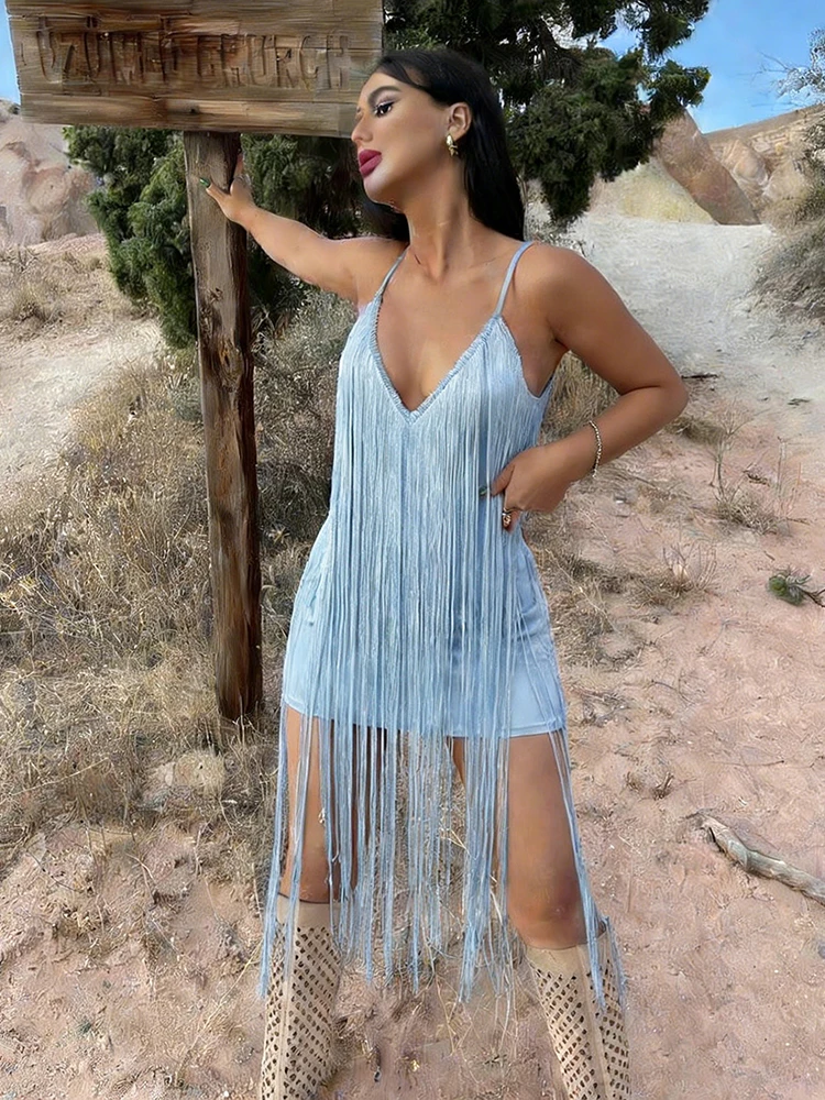 

Сексуальное платье с открытой спиной и бахромой, летнее, с глубоким V-образным вырезом, без рукавов, для клуба, мини, облегающее, в стиле кокетельного шик