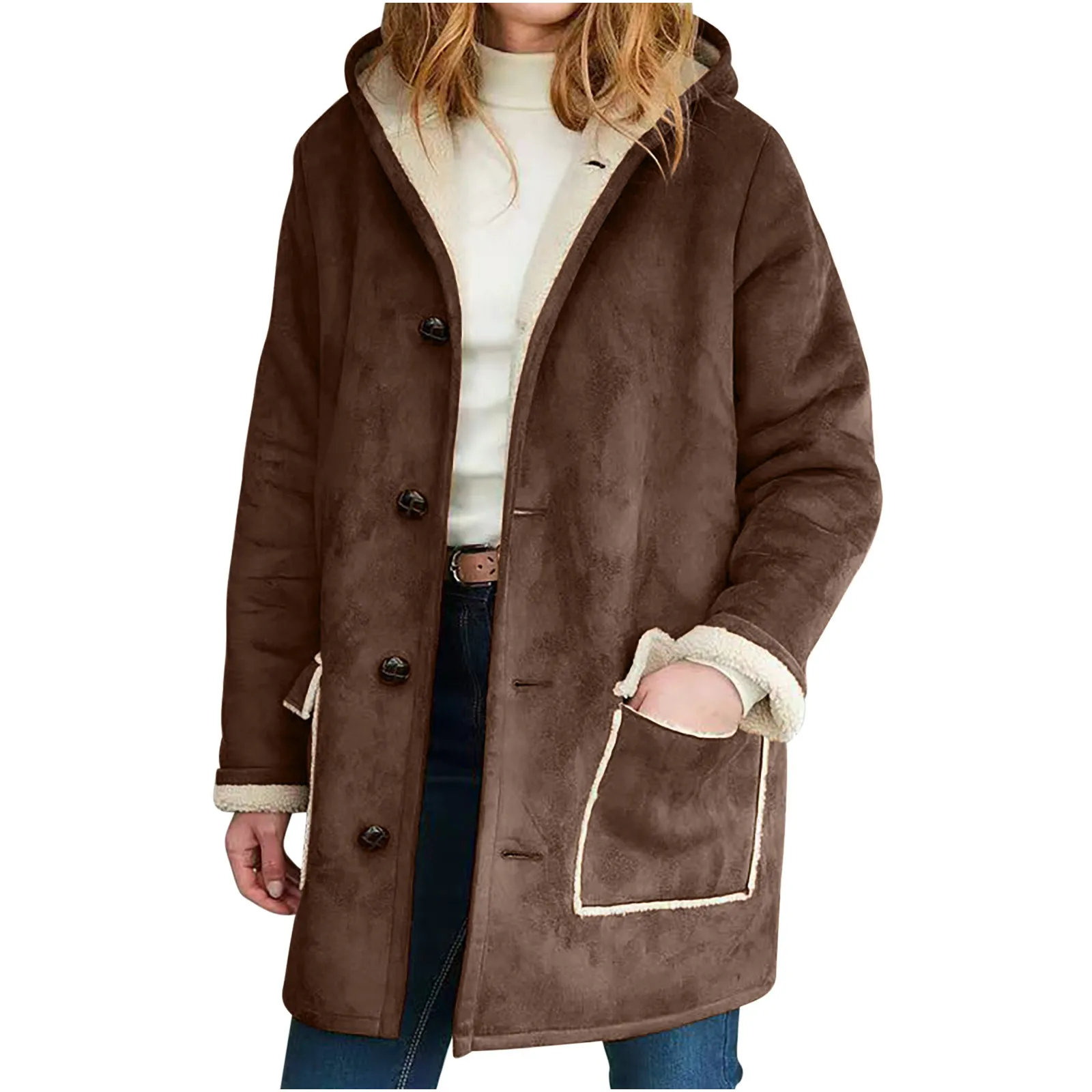 Mittellanger Retro-Mantel aus Wildlederimitat mit Kapuze, 2025 Winter, euroamerikanischer Stil, Damenmode, warme, einreihige, breite Reversjacke