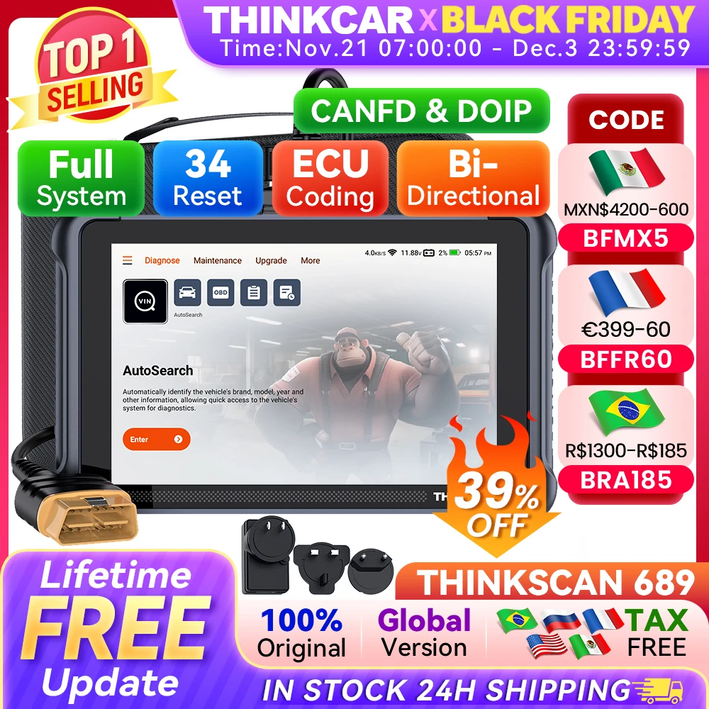 THINKCAR THINKSCAN 689 Car Diagnostic Tools CANFD DOIP Bidirectional ECU Coding 34 Reset Full System Life Free Auto Obd2 Scanner