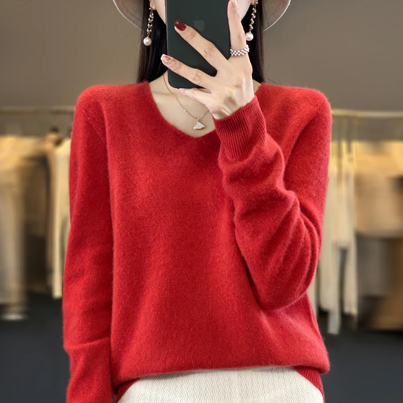 2024 autumn and winter new 100% pure wool cashmere sweater women's V-neck pullover fashion solid color long sleeve pullover.