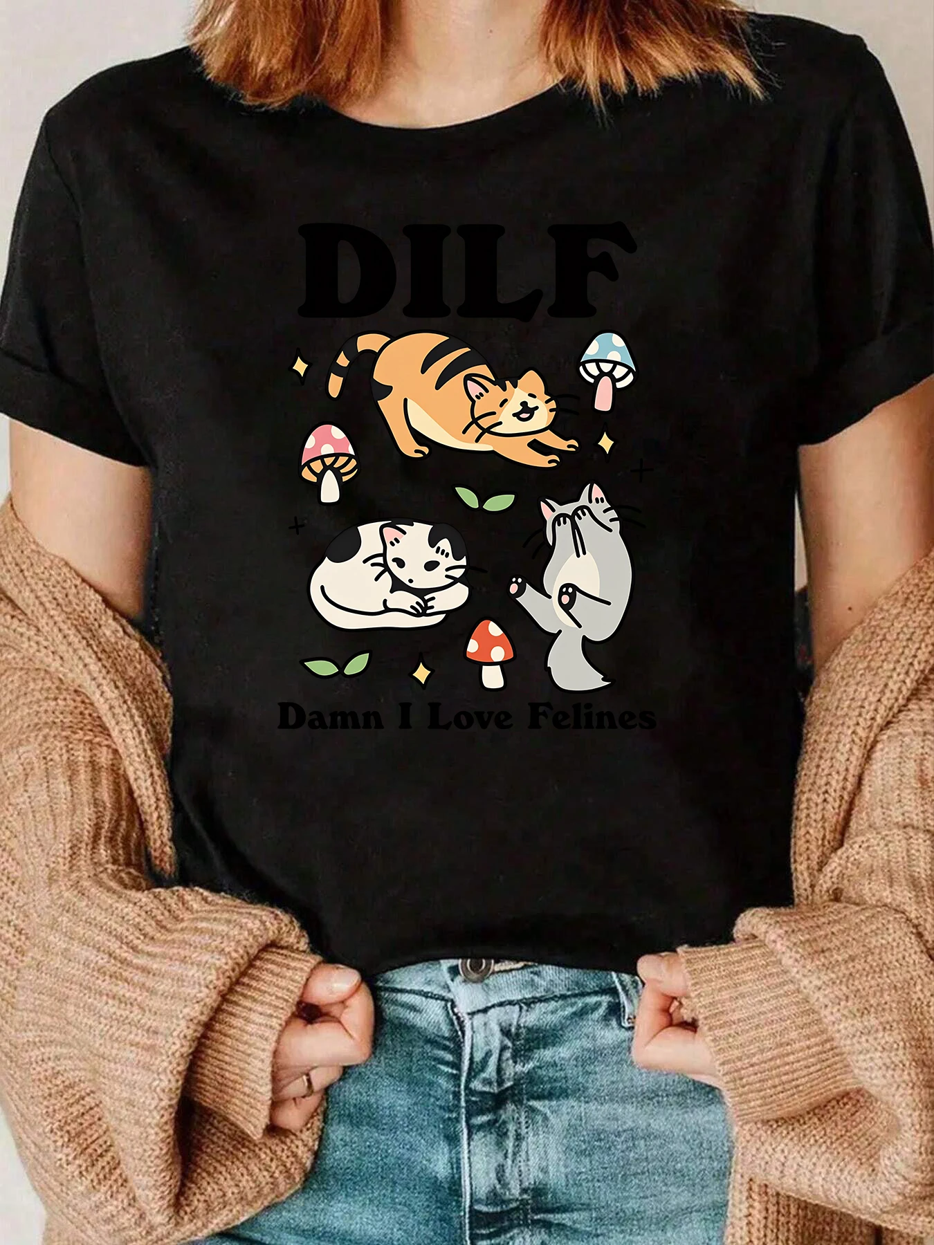 Katze DILF Damn I Love Felines Print T-Shirt Freizeitkleidung für Katzenliebhaber 220g