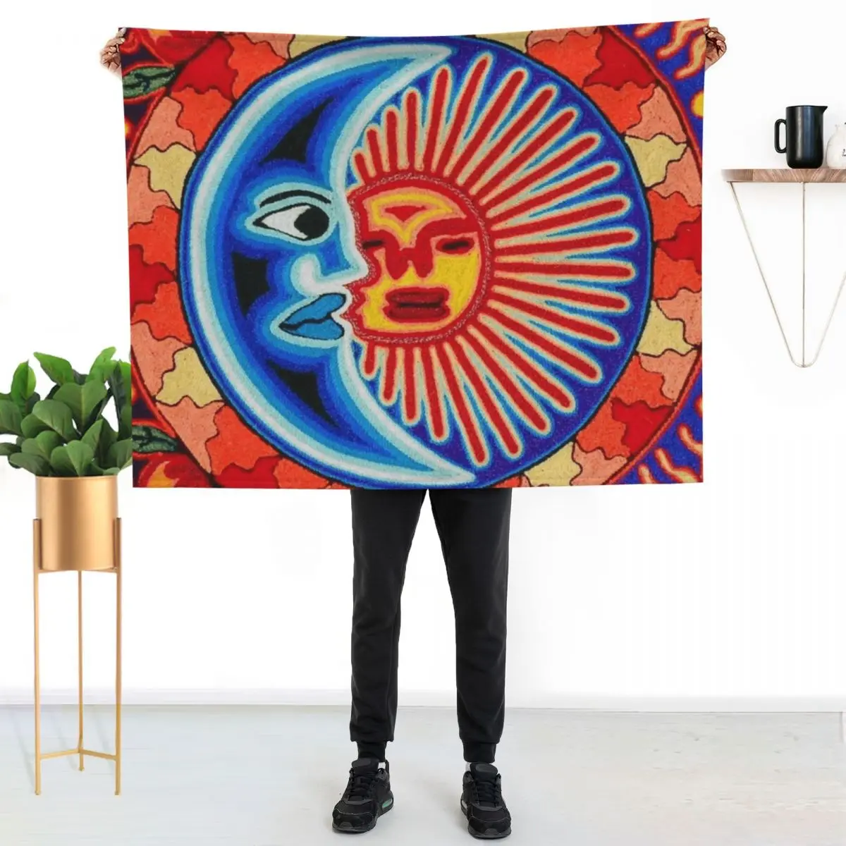 Mexican Sun Crescent Moon Colorful Huichol | Mexican Blanket Design | Large Cozy King Size | Vintage Folk Art - Throw Blanket