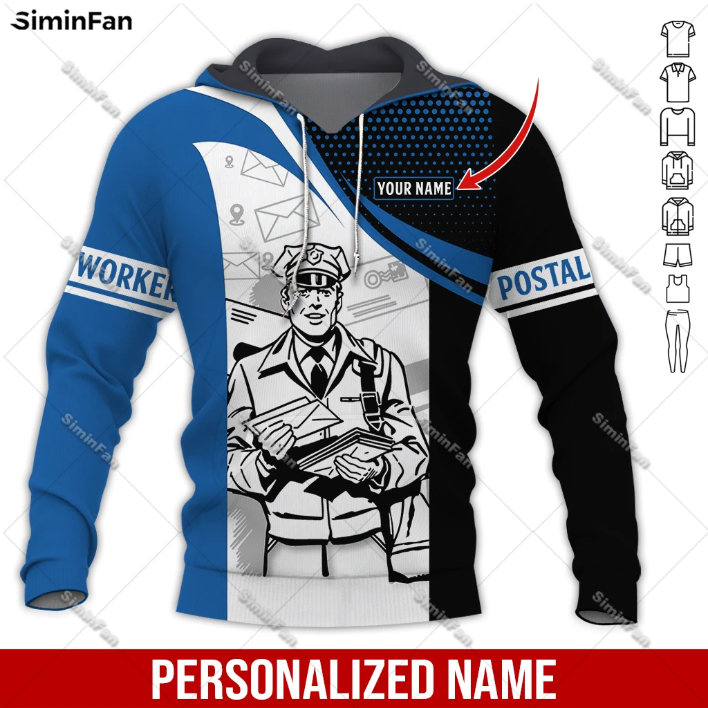 Custom Name Postal Worker Mens Hoodies 3D Printed Male Pullovers Coats Zipper Jacket Unisex Long Sleeve Shirt Outwear Female Top