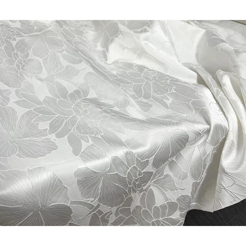 White Lotus Leaf Three-dimensional Jacquard Texture Fabric Relief Dress Hanfu Qipao Chinese Style Clothing Designer Fabric