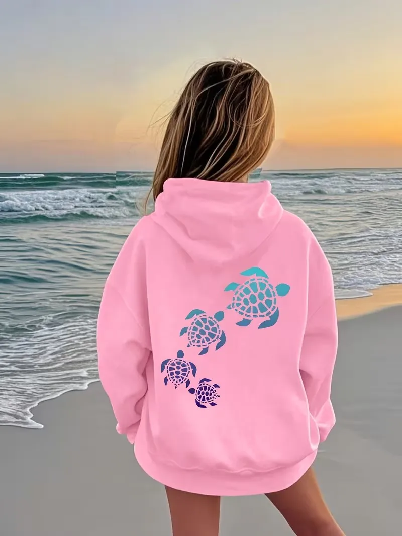 Niedlicher Kapuzenpullover mit bunten Meeresschildkröten für Kinder, Mädchen, Kinder-Sweatshirt, süßer Grafik-Hoodie für Jungen, Herbst und Winter, lässige Hoodies – Detail 4