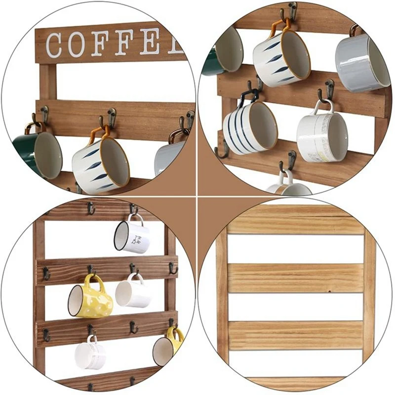 Wooden Mug Storage Rack Coffee Tea Water Cup Hanging Holder Wall Mounted Draining Mug Rack Down Mug Bottle Display Rack