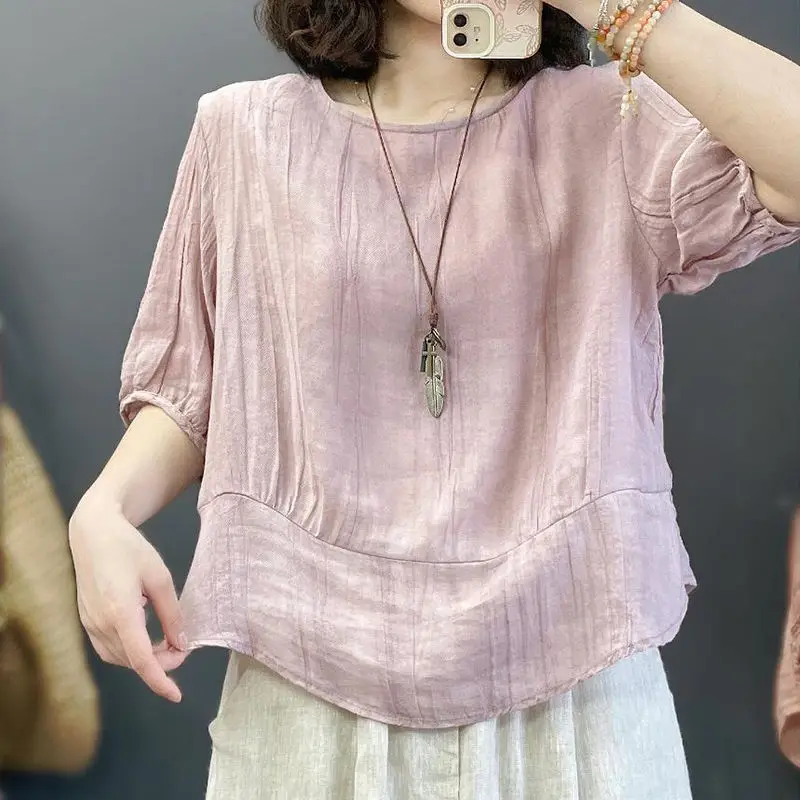 Women Summer Simplicity Elegant Loose Pleated Solid Color O-neck Short Sleeve Shirts Women Clothes Casual All-match Trend Tops