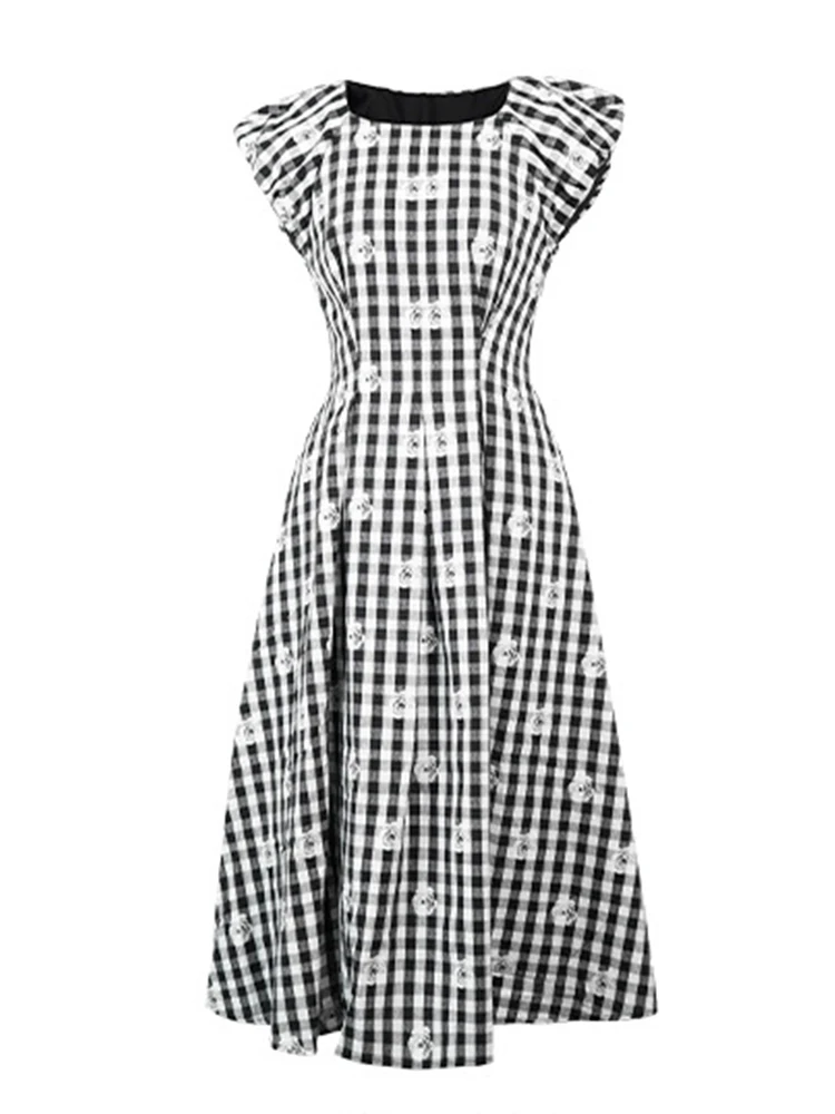 Damska Sukienka Midi w Czarno-Białą Kratę z Kwiatowym Nadrukiem, Retro Bufiaste Rękawy, Dopasowana Sukienka na Imprezę, Koktajl, Vestidos Femme Casual Letnia Nowość