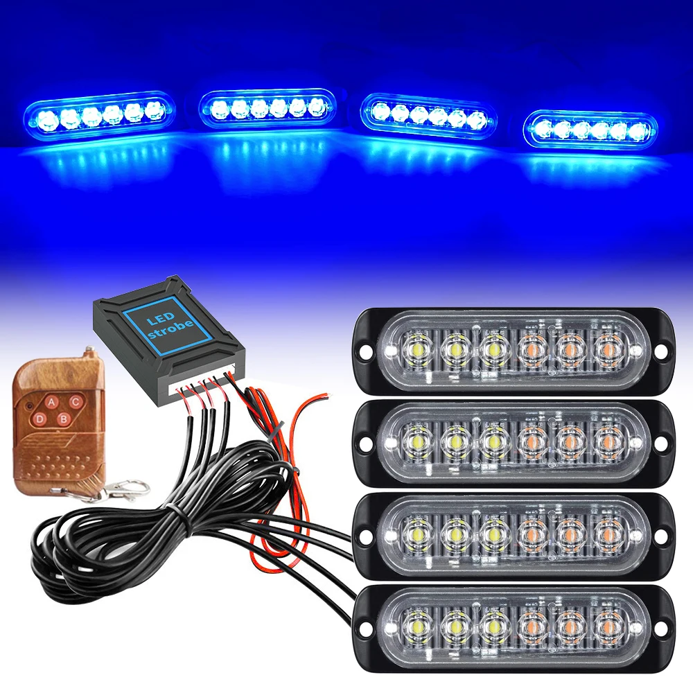 1 Set 4*6 LED Strobe Lights For Car Grille Emergency Ambulance Police Flashing Warning Signal Light Beacon Red Blue 12V 24V