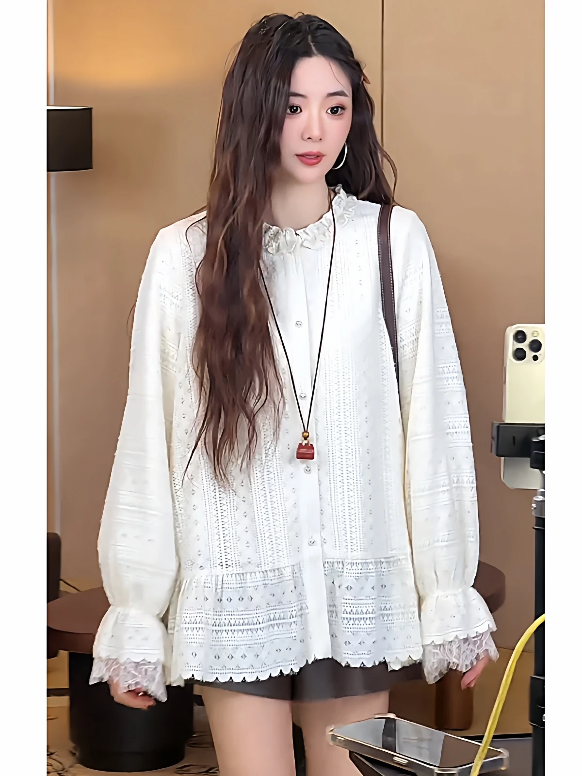 

Женская белая блузка с длинным рукавом и кружевом, весенняя, в милом студенческом стиле, свободного кроя, в корейском стиле, с воротником-стойкой, для повседневной носки