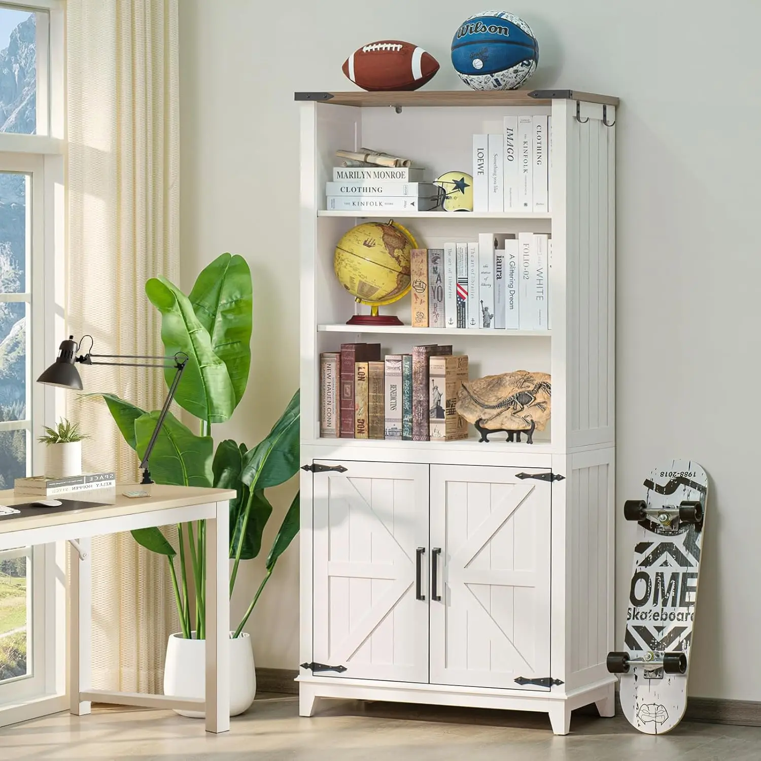 

5 Tier Bookshelf 70in Tall Bookcase with Barn Doors and Storage Cabinet, White Farmhouse Book Shelf with Adjustable Shelves