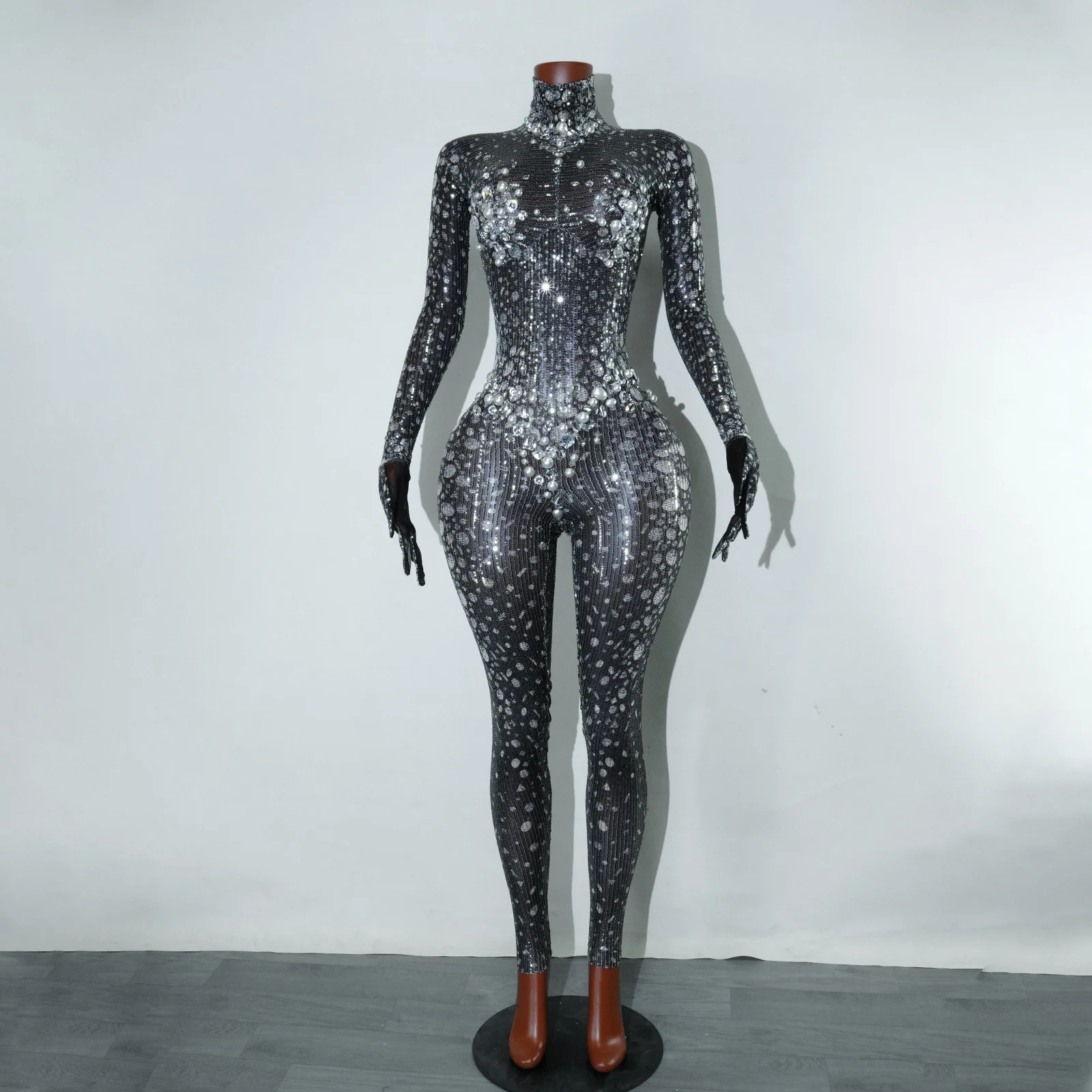 

Female Stage Large Pearl Sequins Stretchable Jumpsuit Evening Dress Birthday Celebration Outfit Sexy Tight-fitting Dancer