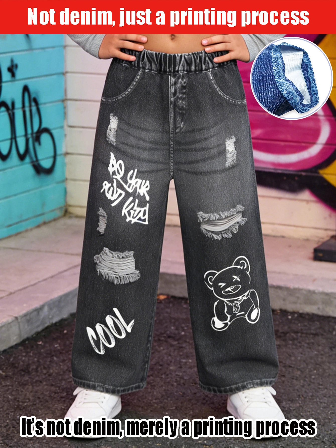 

2026 children's cartoon bear, English, ripped simulation jeans, children's street fashion casual trousers