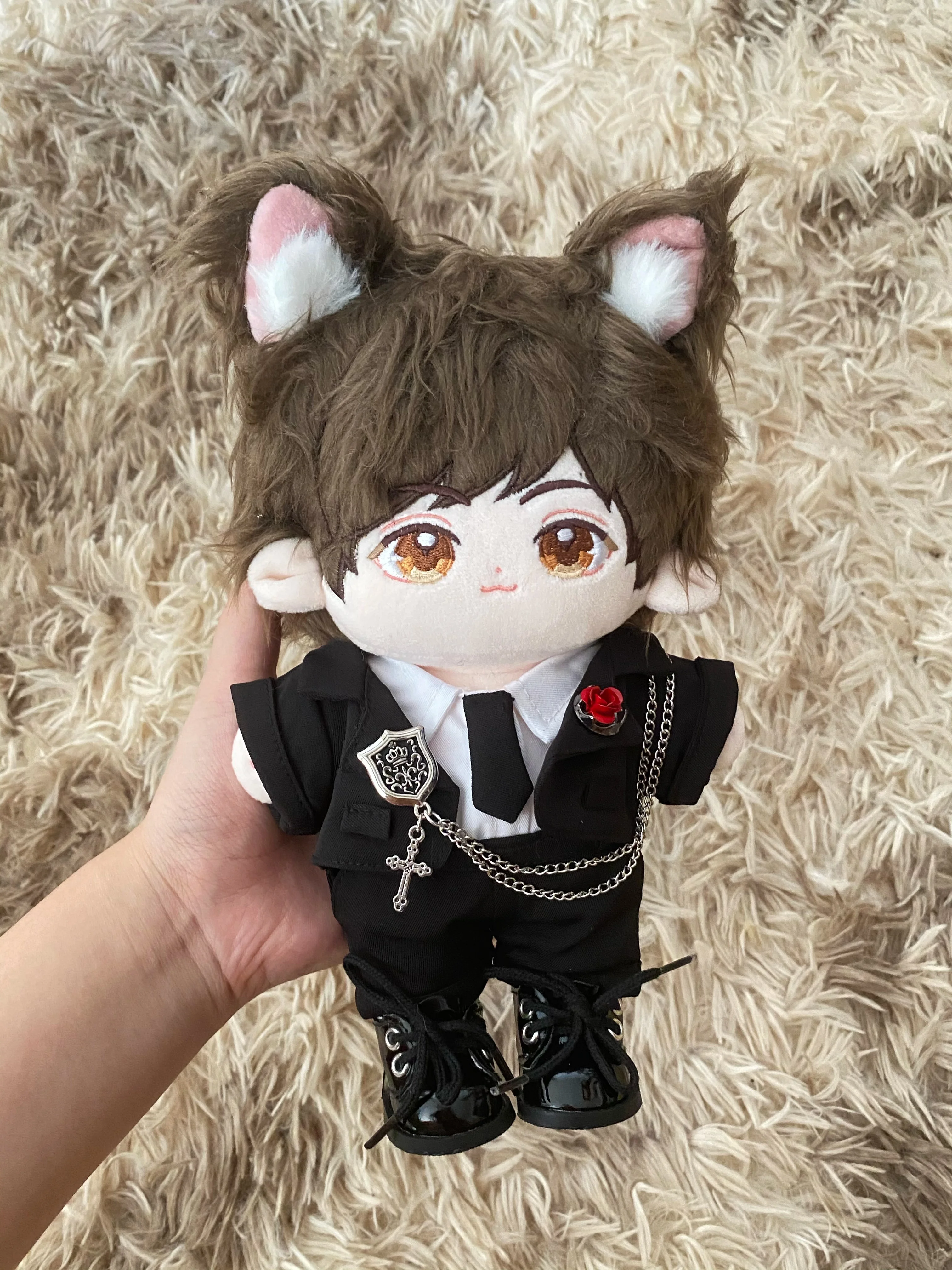 Retro Rose Black White Series Cool Handsome Boy Uniform Outfit Cosplay 20cm Plush Cotton Doll Dress Up Clothing Suit DIY Props