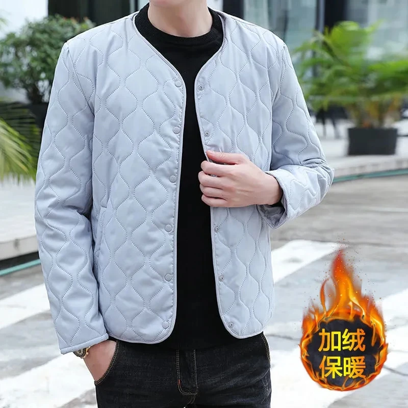 Jaket pria musim dingin, jaket pria musim gugur, pakaian luar lengan panjang, jaket katun hangat, anti dingin, mantel sebaris, jaket Solid