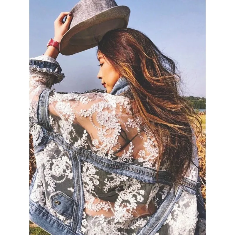 

Women's Hand-torn 3D Floral Embroidered Lace Patchwork Loose Denim, Sunscreen Coat Y2k Fashion, Summer 2024 New Trend