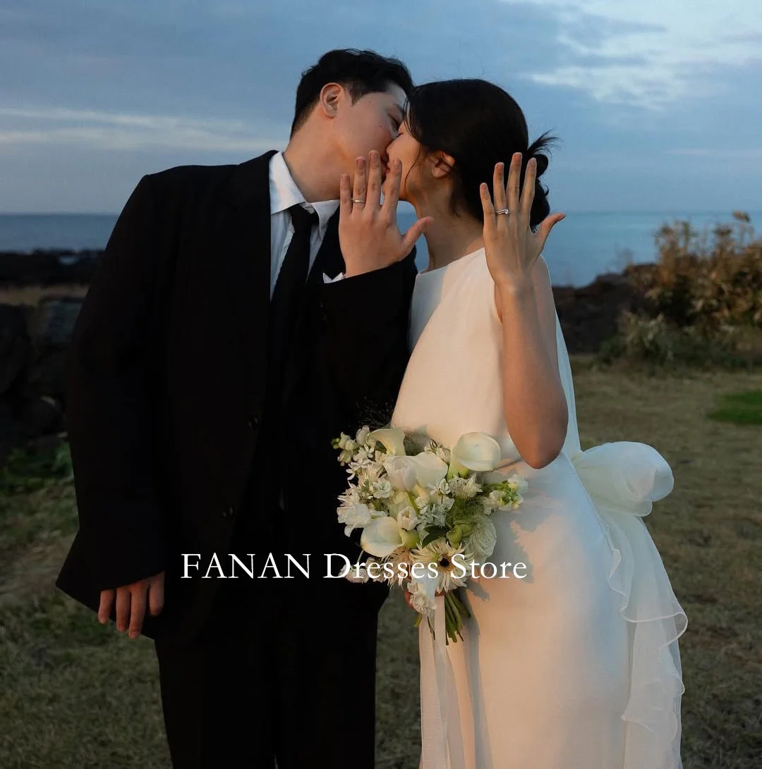 FANAN 보트 넥 한국 아이보리 칼집 웨딩 드레스 웨딩 드레스 스윕 기차 우아한 백리스 맞춤형 예쁜 신부 가운 플러스 사이즈