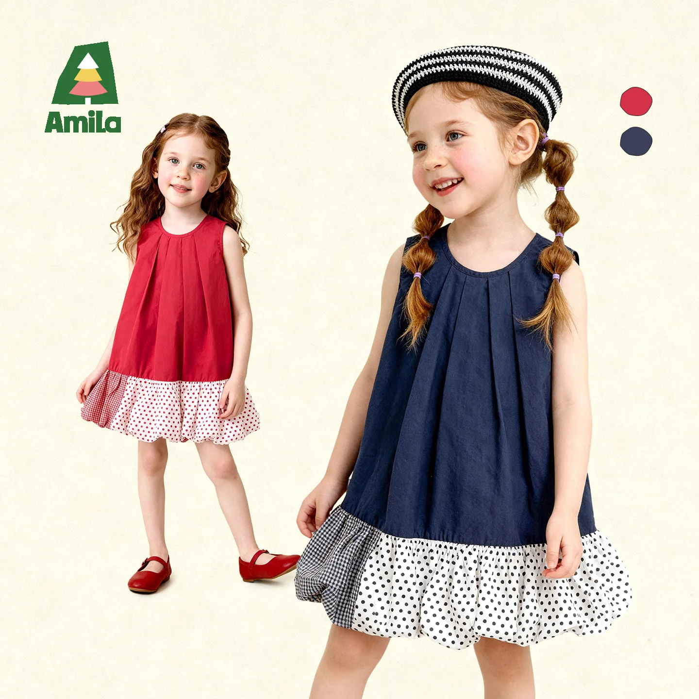 Amila 2026 Summer New Style Girls' Dress, Patchwork Polka Dot And Checkered Sleeveless Vintage Sweet Fashion Princess Dress