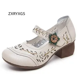 ZXRYXGS Spring Summer High Heel Sandals 2024 Classic Flowers Cowhide Breathable Leather Shoes Elegant Fashion Sandals for Women