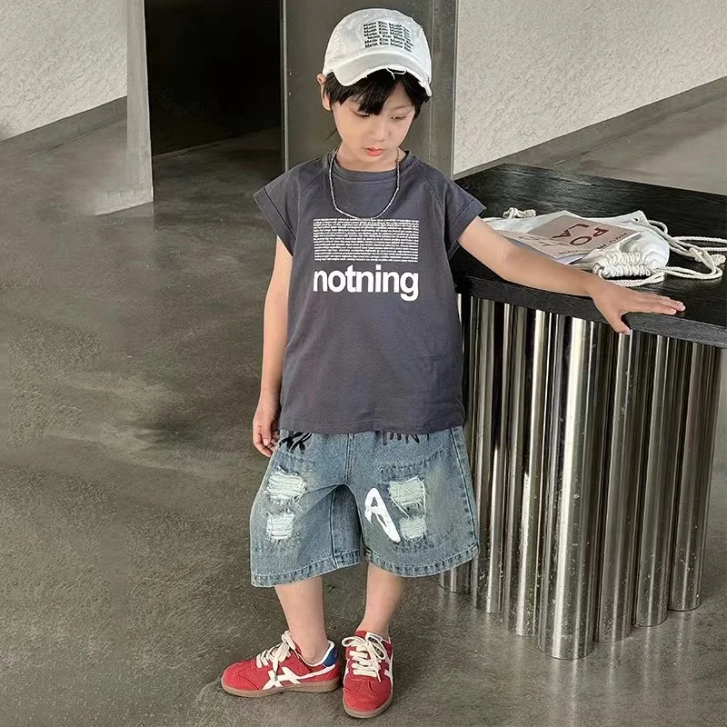 2pcs Set Boys Cotton Summer Grey Tank Top and Denim Shorts Set 2024 New Baby Boy Sleeveless Clothes Cool and Handsome Outfits