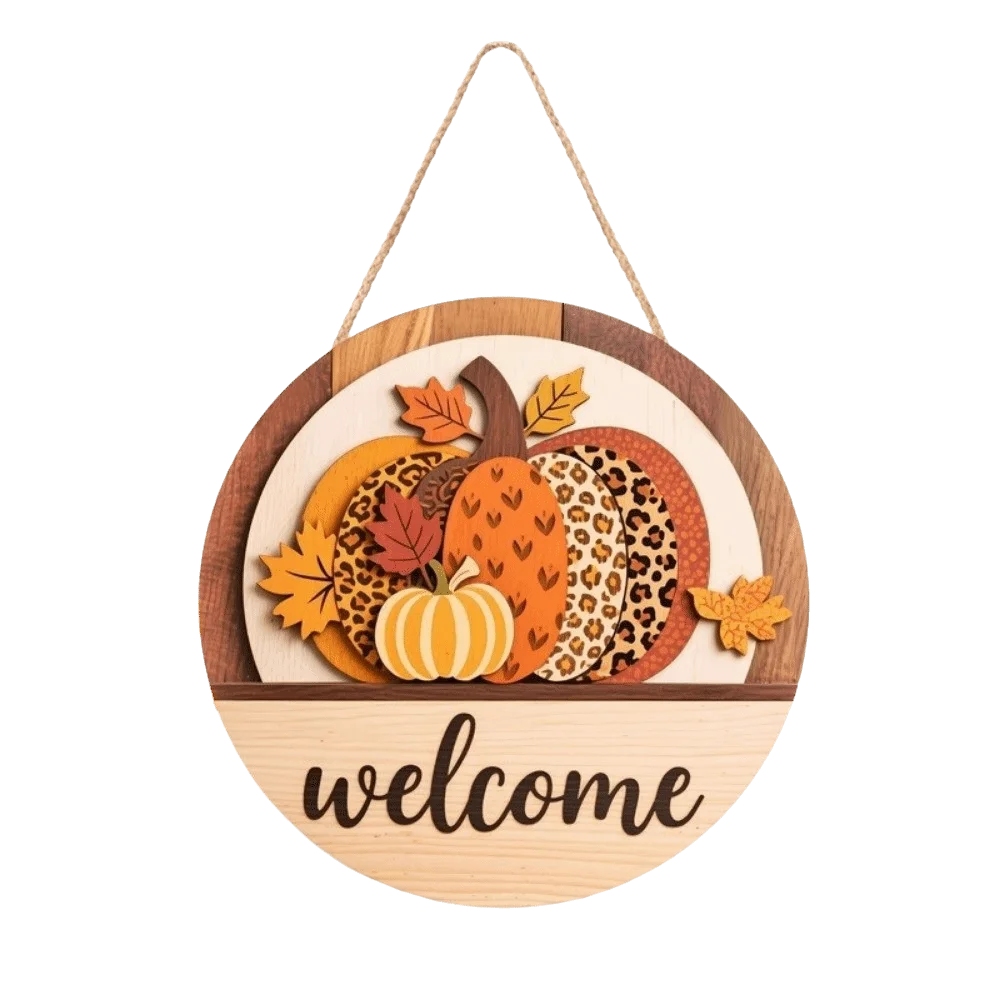 Wooden Harvest Festival Sign Rustic Maple Leaf Harvest Hanging Sign 2D Flat Print Scarecrow Wreath