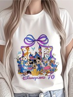 Disneyland 70th Anniversary TShirt Round Neck Short Sleeve Four Seasons Casual Top Mickey Mouse and Friends with Large Bow Shirt