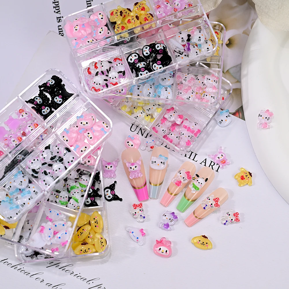 48pcs/box Mixed Sanrio Cartoon Nail Charms My Melody Hello Kitty Kuromi Kawaii Nail Decorations Y2K 6 Grid Manicure Accessories