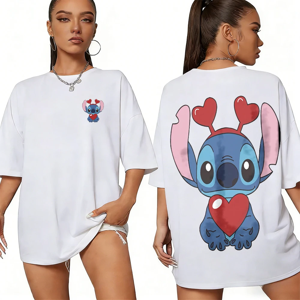 

Лето 2026, футболки с узором Disney Stitch, костюм для родителей и детей, высококачественные свободные топы унисекс из 100% хлопка с короткими рукавами