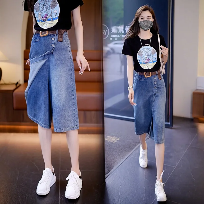 

High Waist Loose Wide Leg ort Jeans Skirt Summer Seven-Foot Pants Thin Model Korean Sle Commute A-Line Skirt