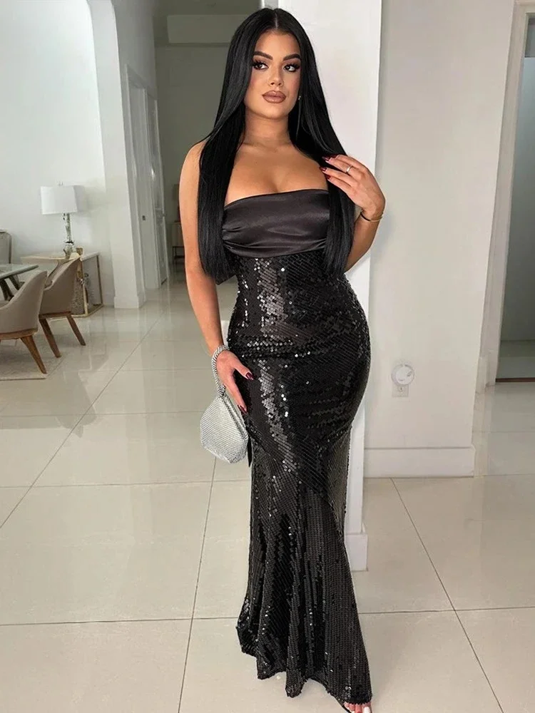 

New Strapless Sexy Sequin Patchwork Birthday Mermaid White Maxi Dress for Women Glitter Wedding Evening Bodycon Gown Celebrity