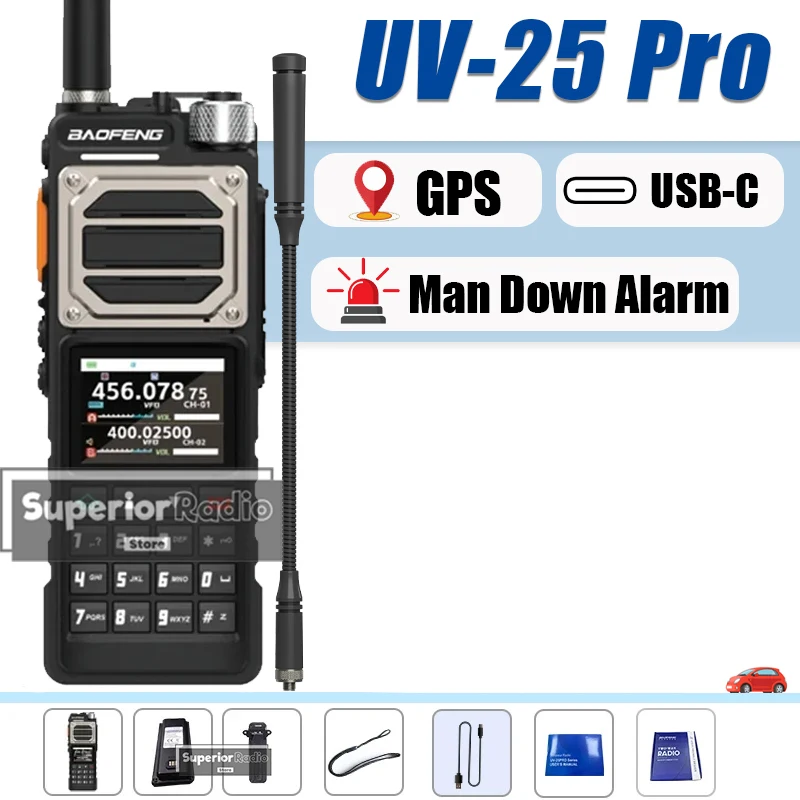 

Baofeng UV-25 Pro Walkie Talkie GPS Многодиапазонный 999-канальный FM AM Type-C Сигнализация о падении высокой мощности Беспроводная частота копирования Радиолюбитель
