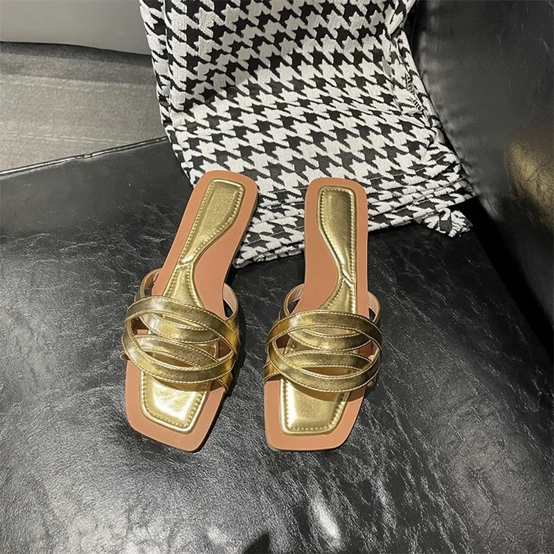 Golden Women Slipper Summer New Slip On Casual Flats Square Toe Leisure Ladies Shoes 2024 INS Hot Sale Concise Zapatos Mujer