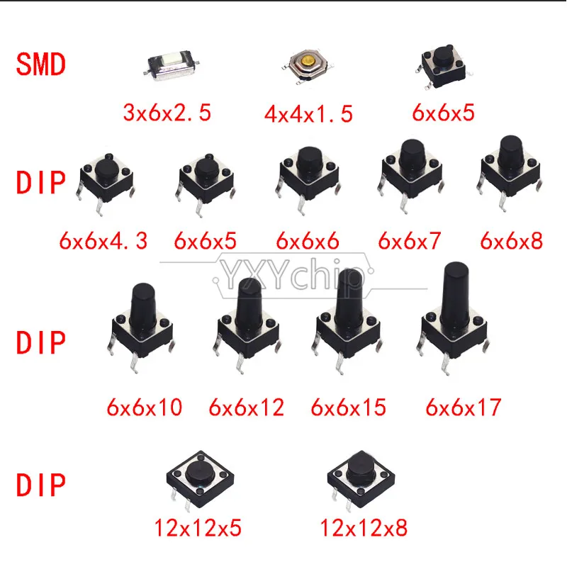 125/140PCS Tact Push Button Switch DIP SMD Micro Switch Kit 14Values 25Values Micro Push Buttons Touch Component Kit, for TV Toy