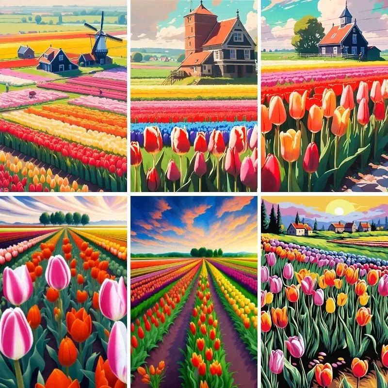 5D Diamond Painting Kits,Tulip Fields Holland Countryside,DIY Full Drill Diamond Art Painting for Adults with Accessories,Decor