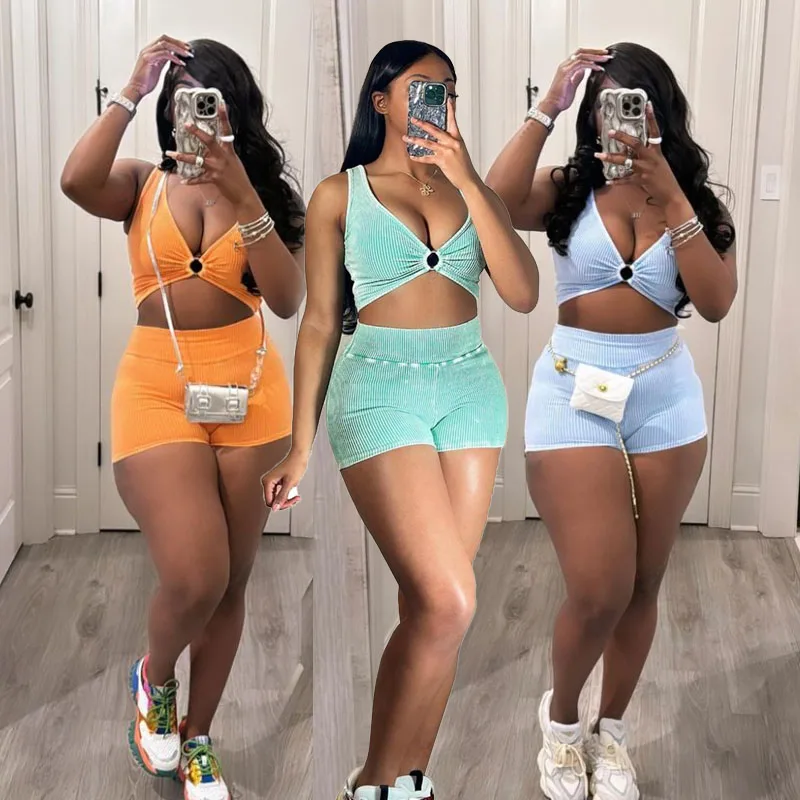 

Women Summer Casual Washed Ribbed Two Piece Set Tracksuits V-neck Sleeveless Tank Crop Tops + Shorts Fitness Jogging Suits