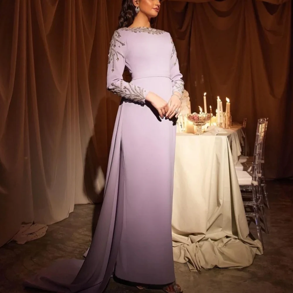 Abito da sera squisito lilla personalizzato scollo a barca maniche lunghe perline di cristallo sirena abiti da ballo di lusso abito da festa lungo fino al pavimento