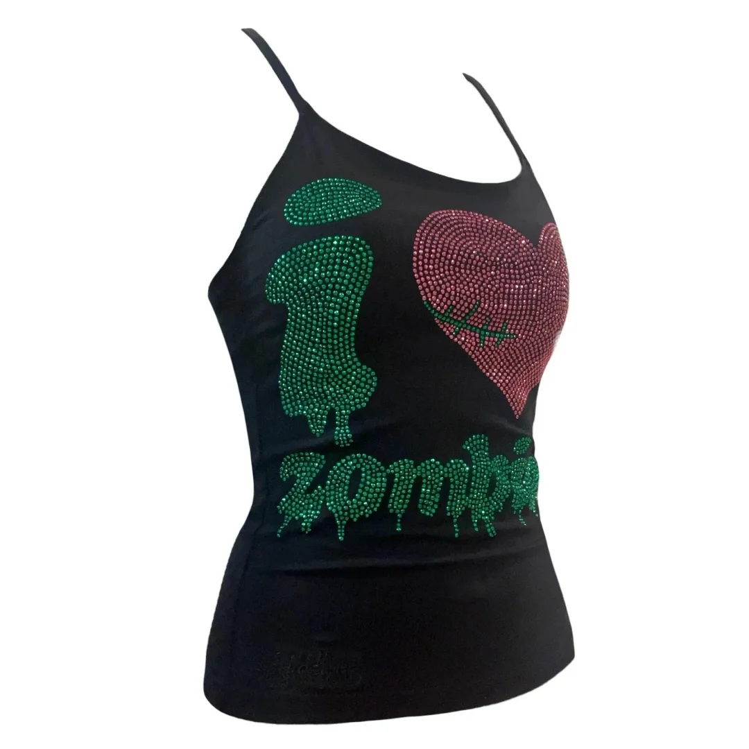 Damen Freizeit-Top Schwarz Verziert Punk-Stil Strass Herz Grafik Drip-Buchstaben-Print Spaghettiträger Slim Fit Cami 2026