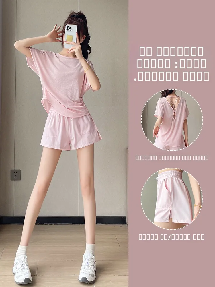 

Women's Running Sport Set Summer Thin Morning Run Suit Faion Loose Me Cover up ort Sve Qui Dry orts Fitn Clothes