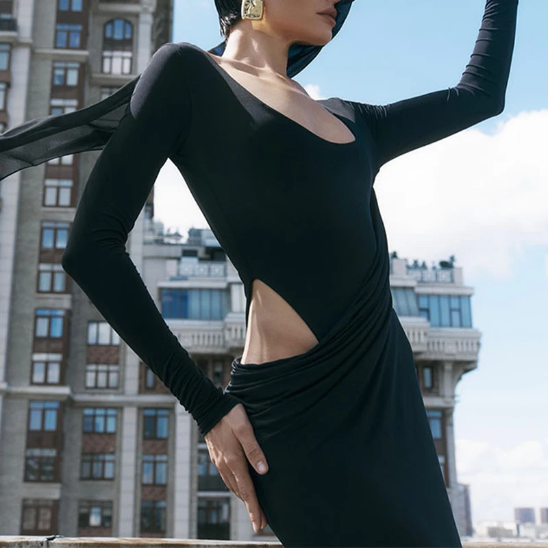 BKLD Dames Elegante Onregelmatige Uitgesneden Plooien Effen Kleur U-hals Bodycon Sexy Backless Lange Mouw Lange Jurk Party Club vestidos