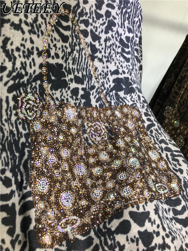 Outono inverno nova camisa de base de strass resistente para mulher meia gola alta leopardo impressão apertada manga longa camiseta