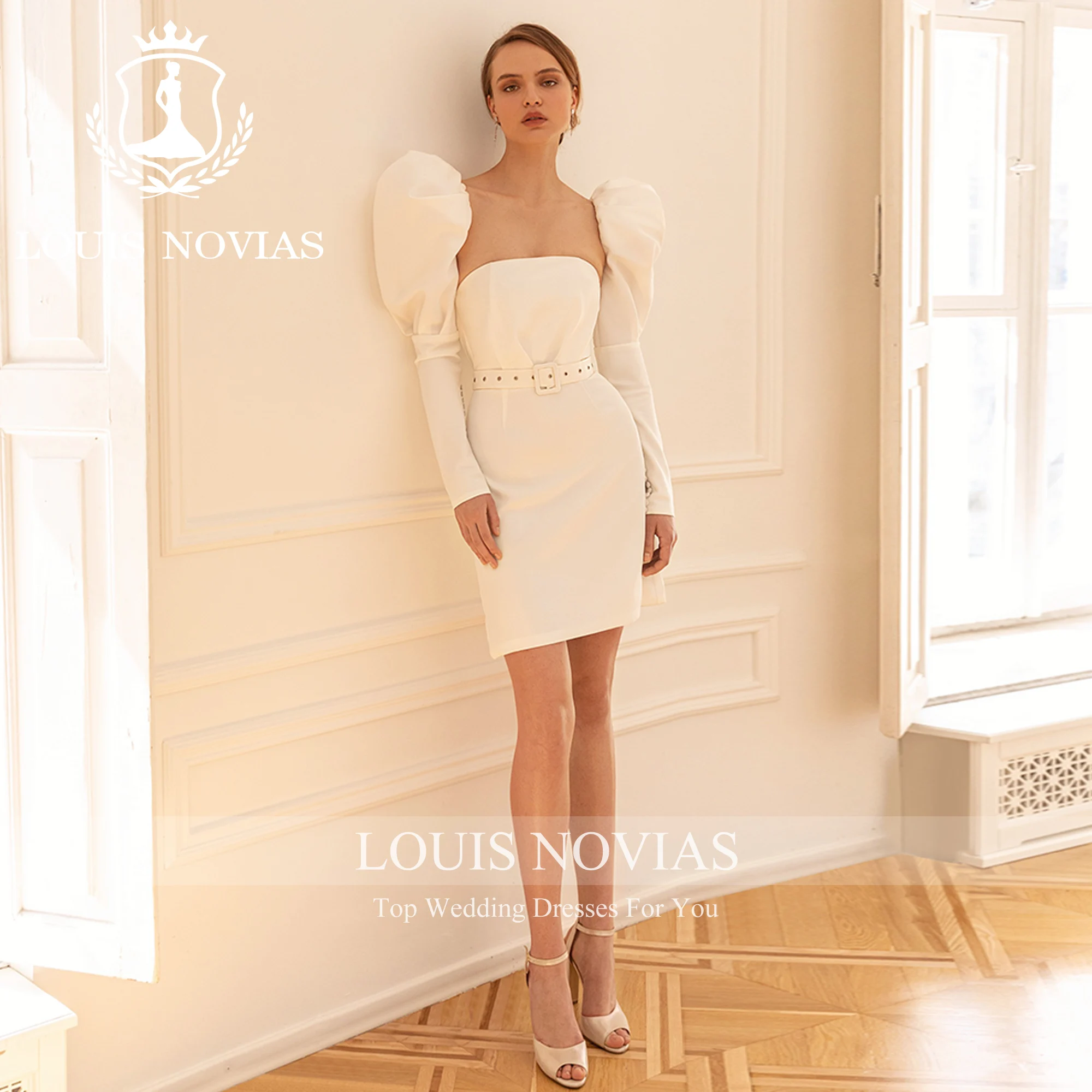 LOUIS NOVIAS 인어 긴 퍼프 슬리브 웨딩 원피스 2023, 모던 스트랩리스 벨트, 무릎 위 새틴 웨딩 가운