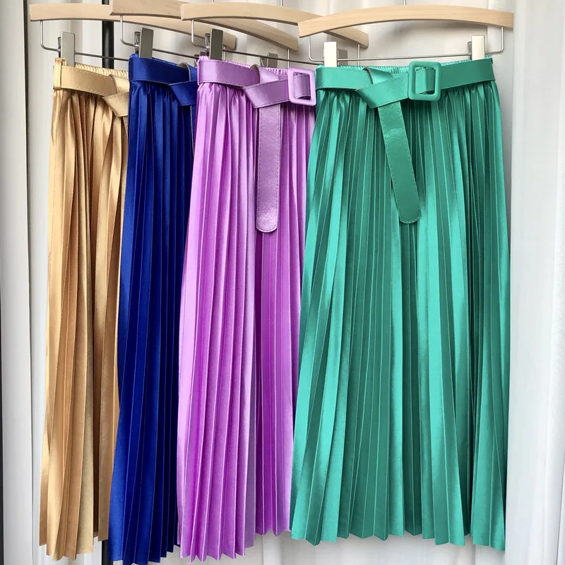 18-color Spring Summer Satin Pleated Skirt Pure Color Drape High Waist A-line Skirts Women Pearlescent Belted Long Skirt Elegant