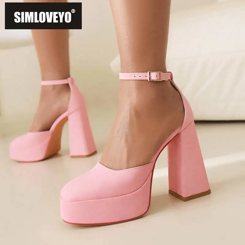 

SIMLOVEYO Ladies Pumps Flock Suede Square Toe Chunky Heel 12cm Platform 3.5cm Buckle Strap Sexy Party Shoes Plus Size 41 42 43