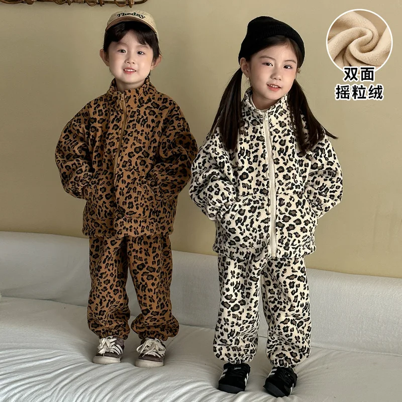 Kids 2Pcs Fleece Outfit Leopard Print Stand Collar Zip Up Jacket & Jogger Pants Boys Girls Warm Casual Set