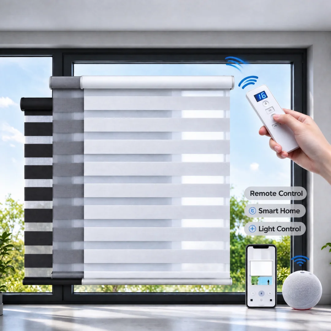 High Quality Double Layer Waterproof Fabric Motorized Remote Control Day and Night Window Shades Zebra Blinds For Bedroom
